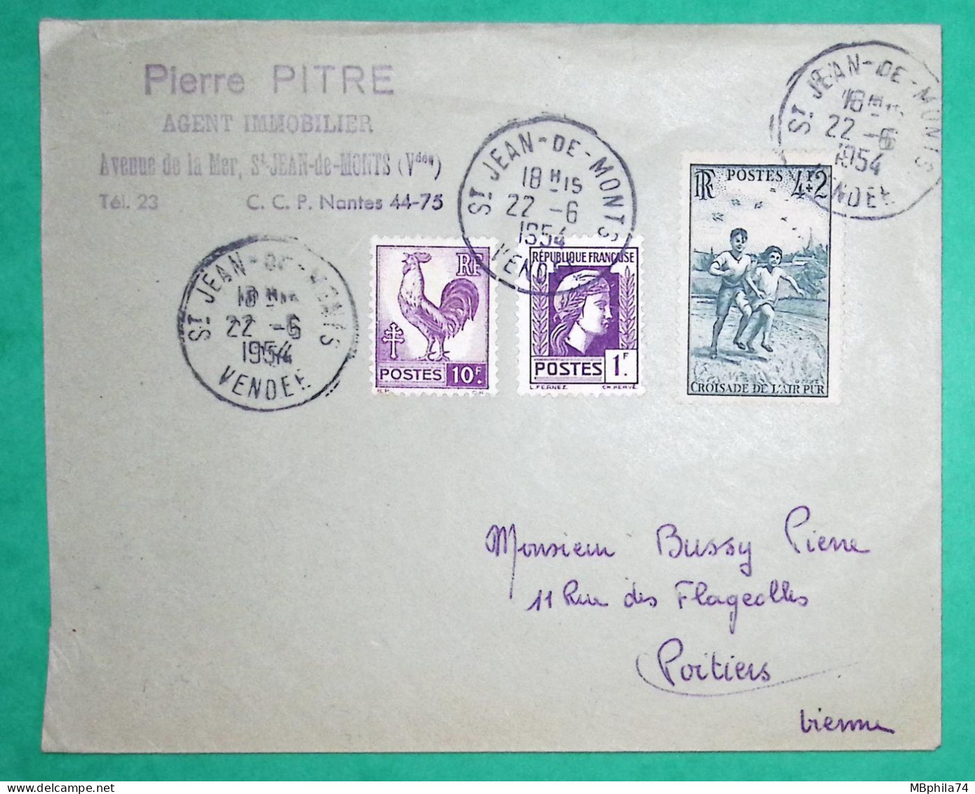 N°637 + 646 + 740 COQ MARIANNE D'ALGER LETTRE ST JEAN DE MONT VENDEE POUR POITIERS VIENNE 1954 COVER FRANCE - 1944 Coq Et Marianne D'Alger