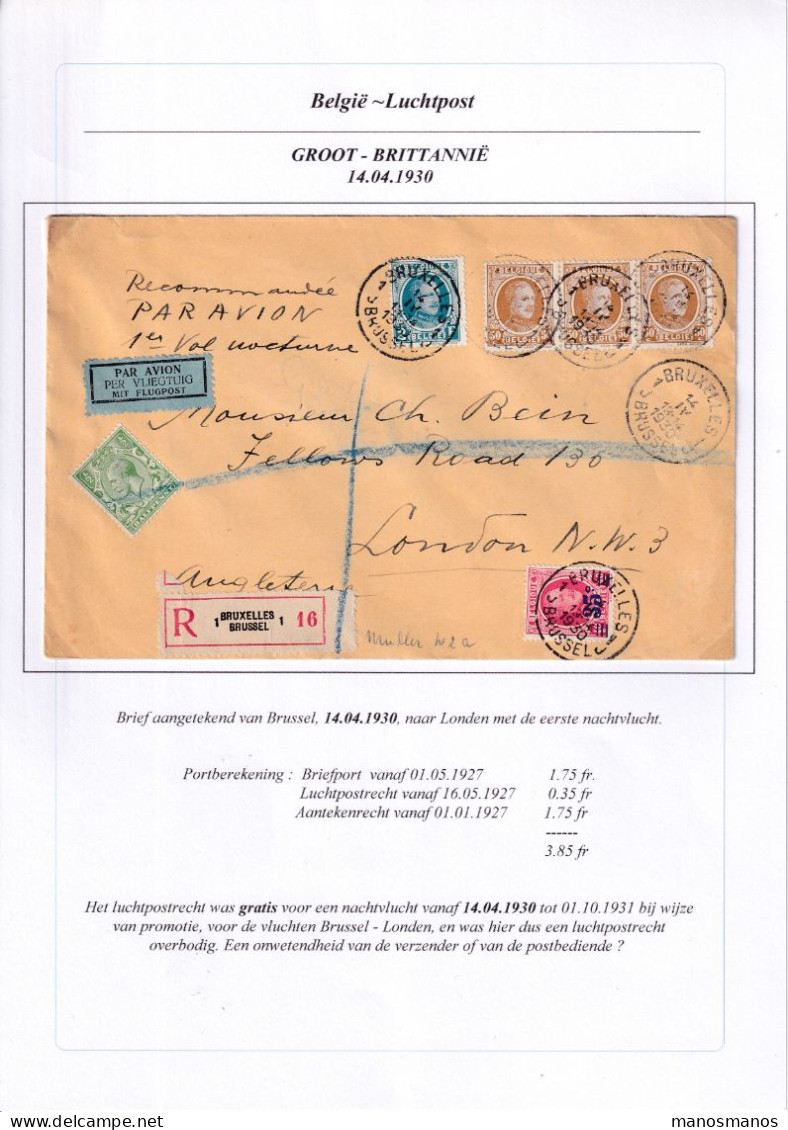 968/40 -- PAR AVION - Enveloppe Recommandée TP Houyoux BRUXELLES 1930 Vers LONDON UK - TP Anglais Apposé à L'arrivée - Briefe U. Dokumente