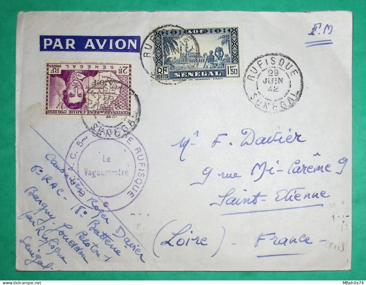 FRANCHISE MILITAIRE FM TAXE AVION RUFISQUE SENEGAL AOF POUR ST ETIENNE LOIRE 1942 WW2 LETTRE COVER FRANCE - Poste Aérienne