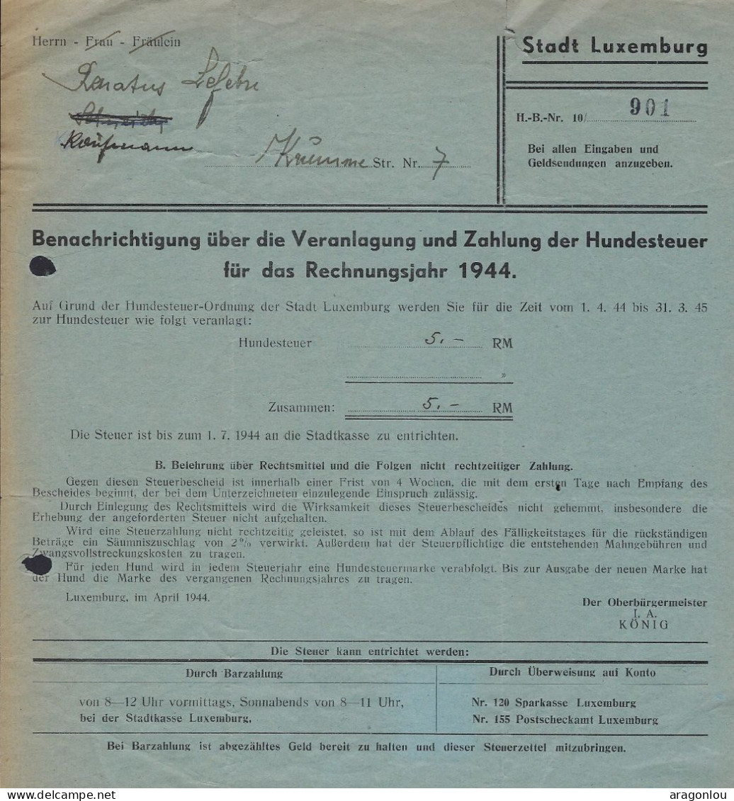 Luxembourg - Luxemburg -  1944  Stadt Luxemburg - Zahlung Der Hundesteuer Für Das Rechnungsjahr 1944 - Lussemburgo