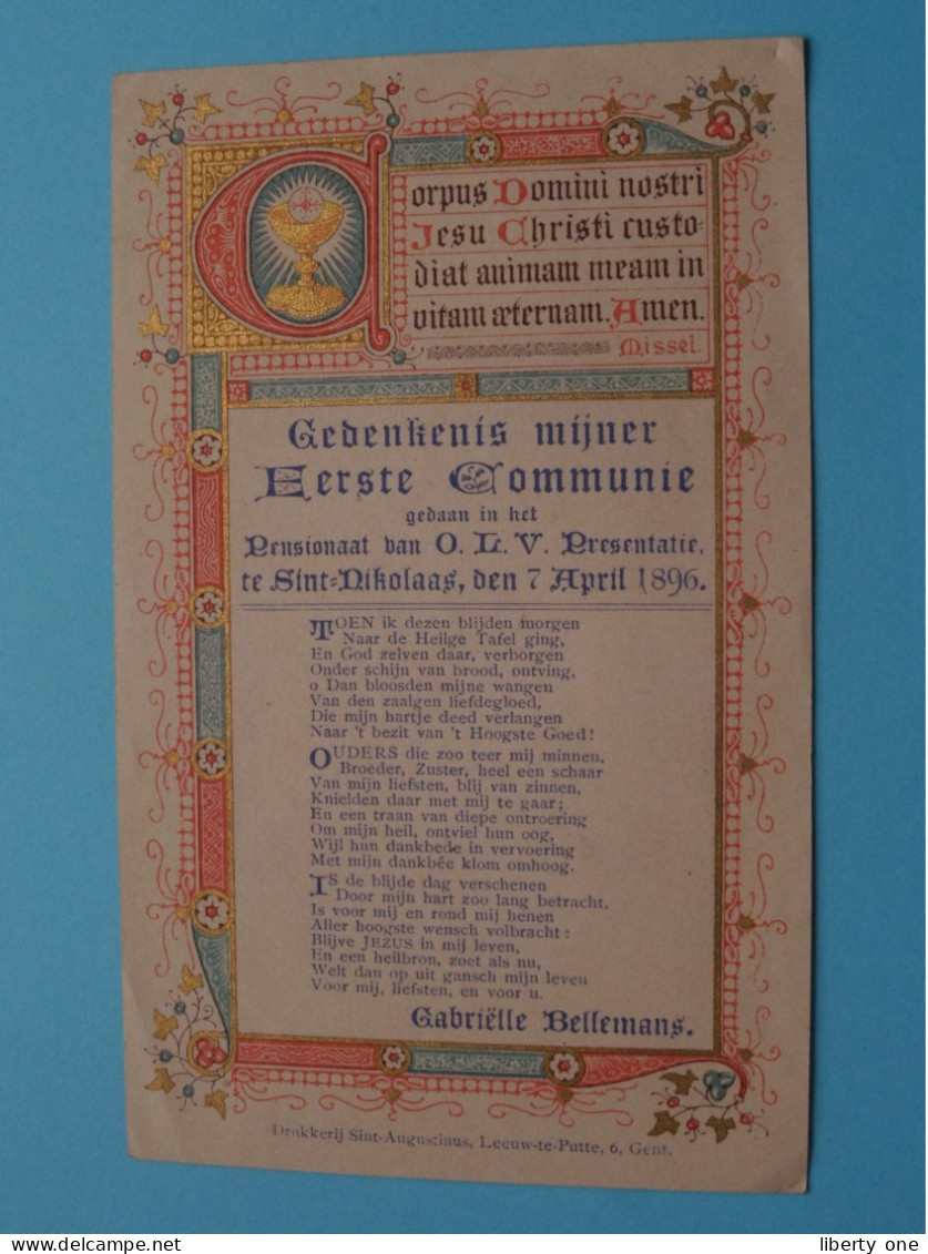 1ste Communie Van Gabriëlle BELLEMANS I/h Pensionnaat Te Sint NIKLAAS Den 7 April 1896 ( Zie / Voir SCANS ) ! - Kommunion Und Konfirmazion