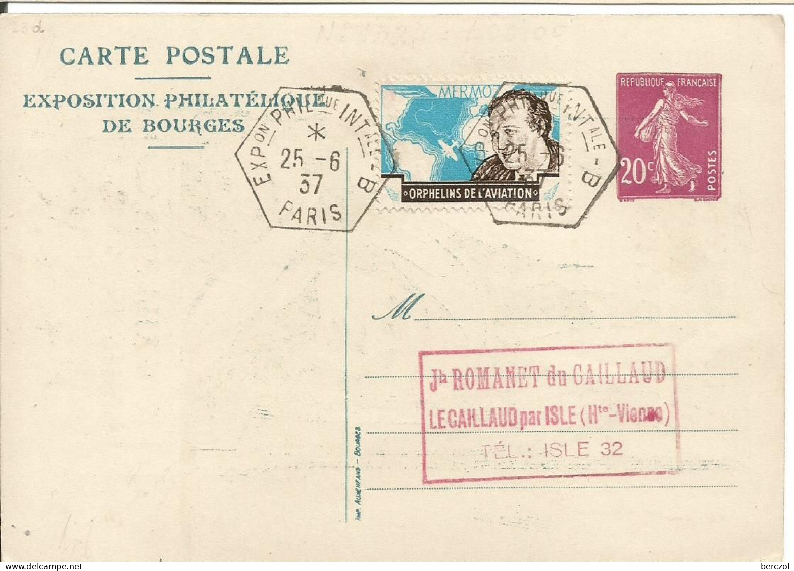 FRANCE ANNEE1907/1939 ENTIER TYPE SEMEUSE CAMEE N° 190 CP  REPIQUE EXPOSITION PHILATRLIQUE DE BOURGES  - Postales  Transplantadas (antes 1995)