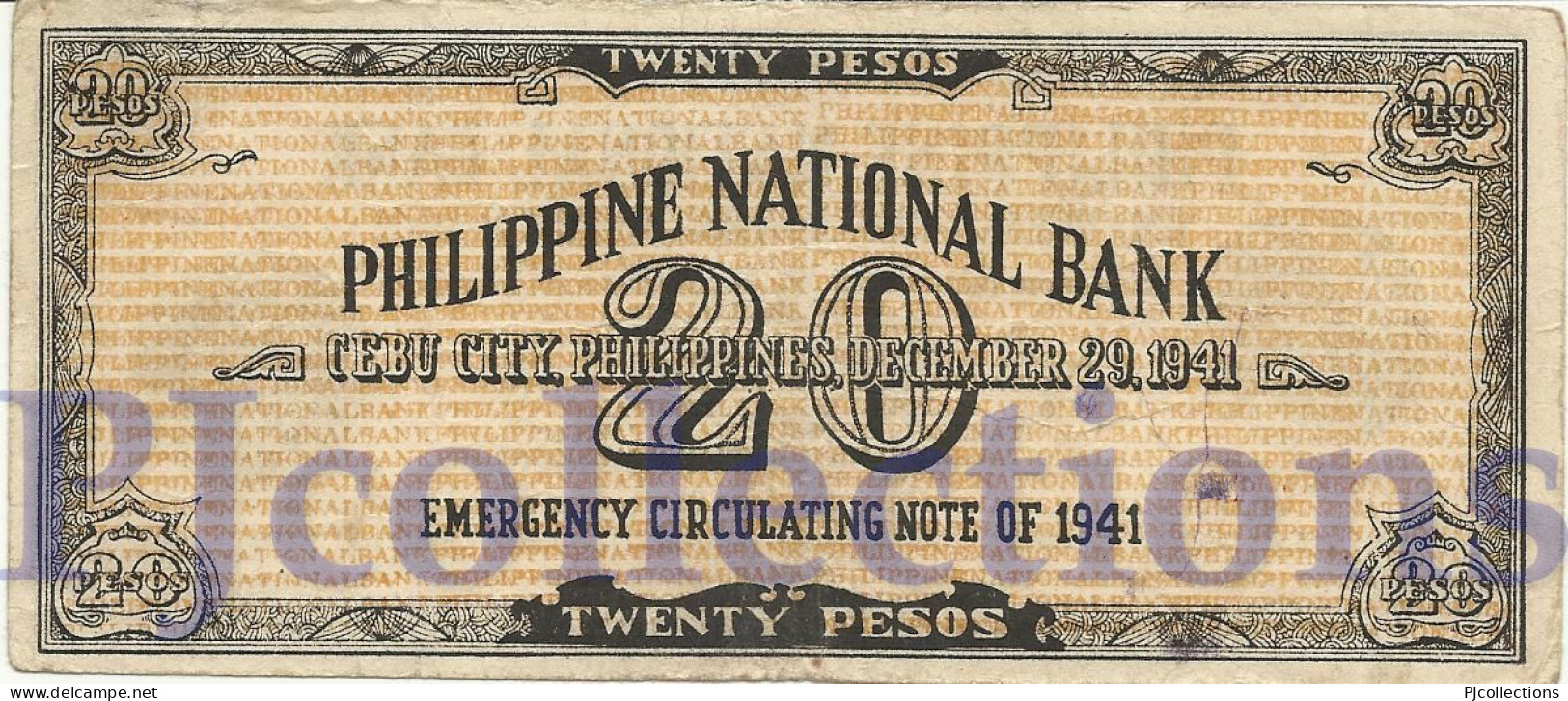 PHILIPPINES 20 PESOS 1941 PICK S218a AXF EMERGENCY BANKNOTE - Philippines