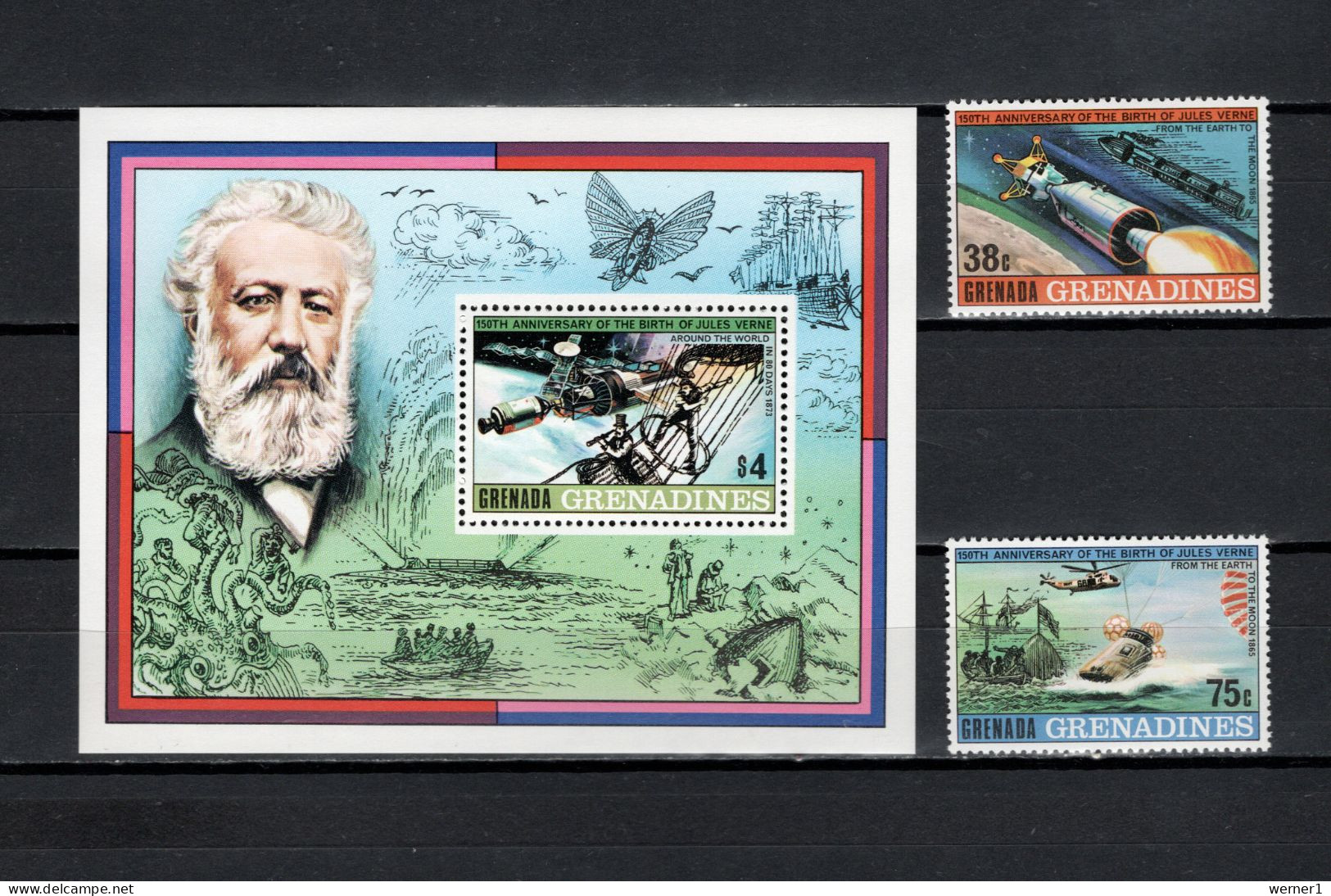 Grenada - Grenadines 1979 Space, Jules Verne 150th Birthday Anniversary 2 Stamps + S/s MNH - América Del Norte