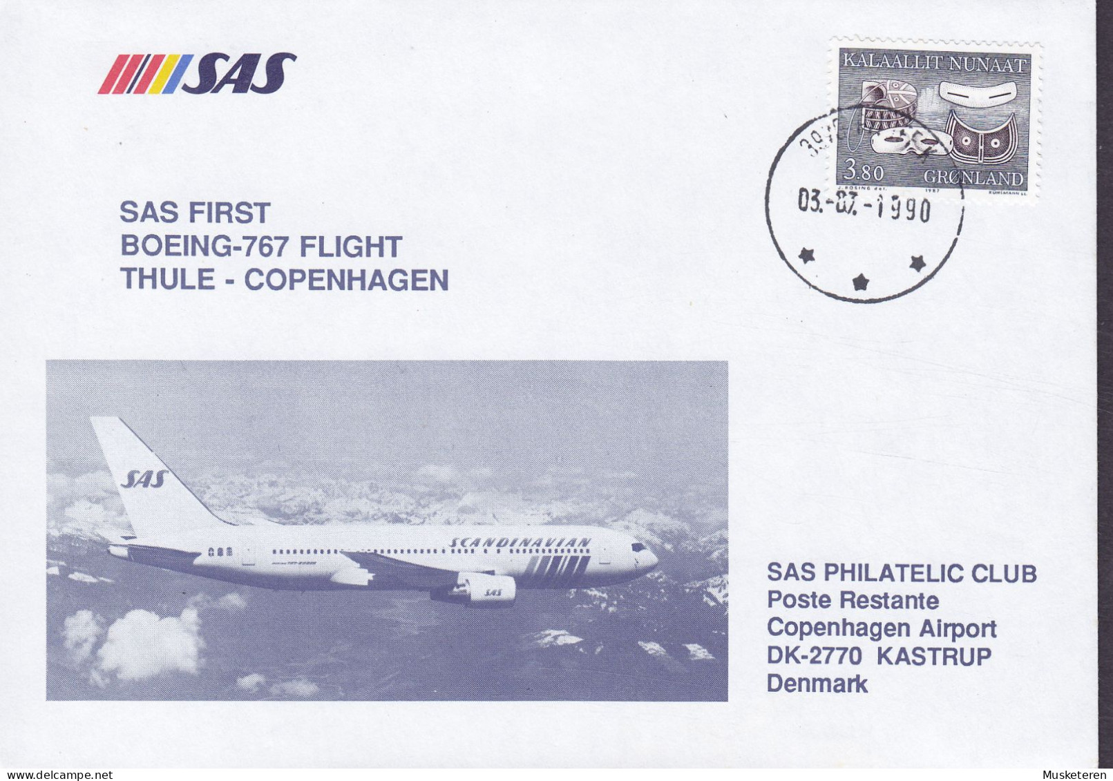 Greenland SAS First Boeing-767 Flight THULE-COPENHAGEN 1990 Cover Brief Lettre Europa Schneebrillen (2 Scans) - Brieven En Documenten