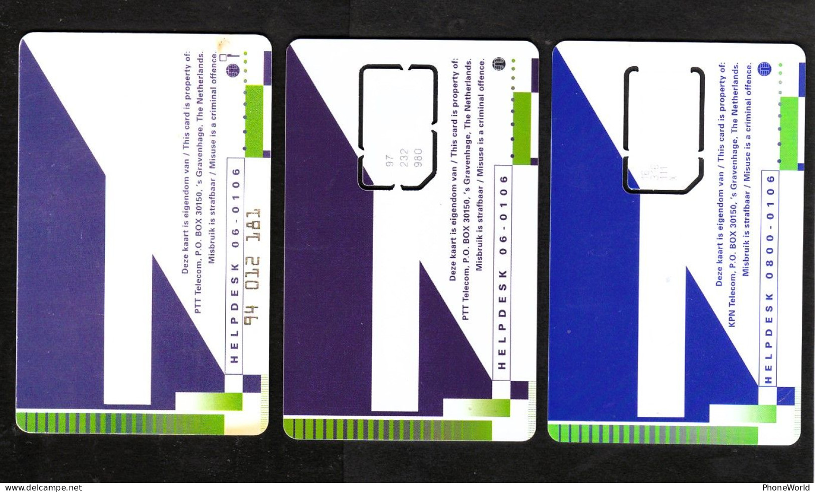 Netherlands, Old KPN Telecom With GSM SIM MINT - 3diff - Seagull, Birds, RRR - [3] Sim Cards, Prepaid & Refills