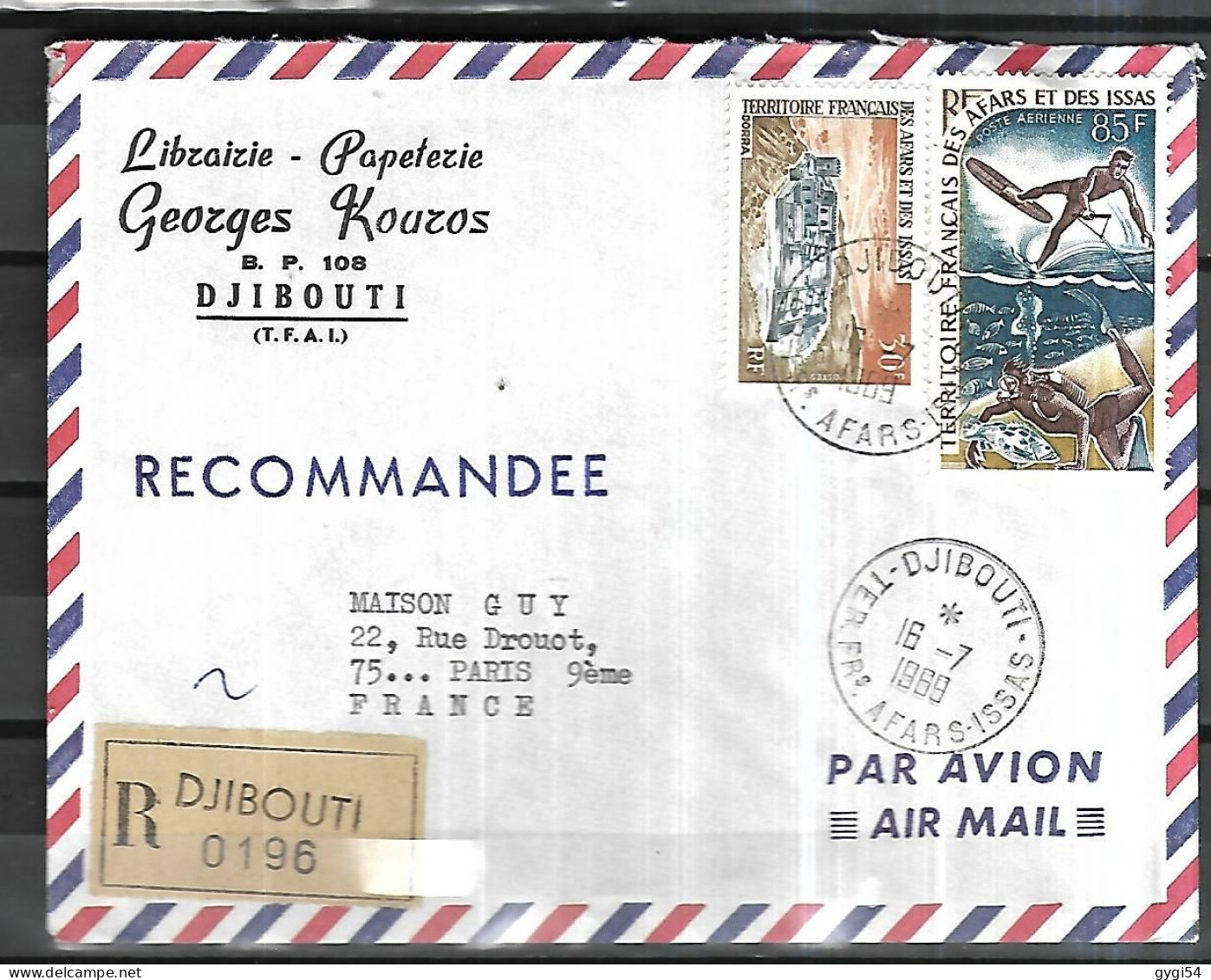 Afars Et Issas Lettre Recommandée Par Avion Du 16 07 1969 De Djibouti Pour Paris - Briefe U. Dokumente