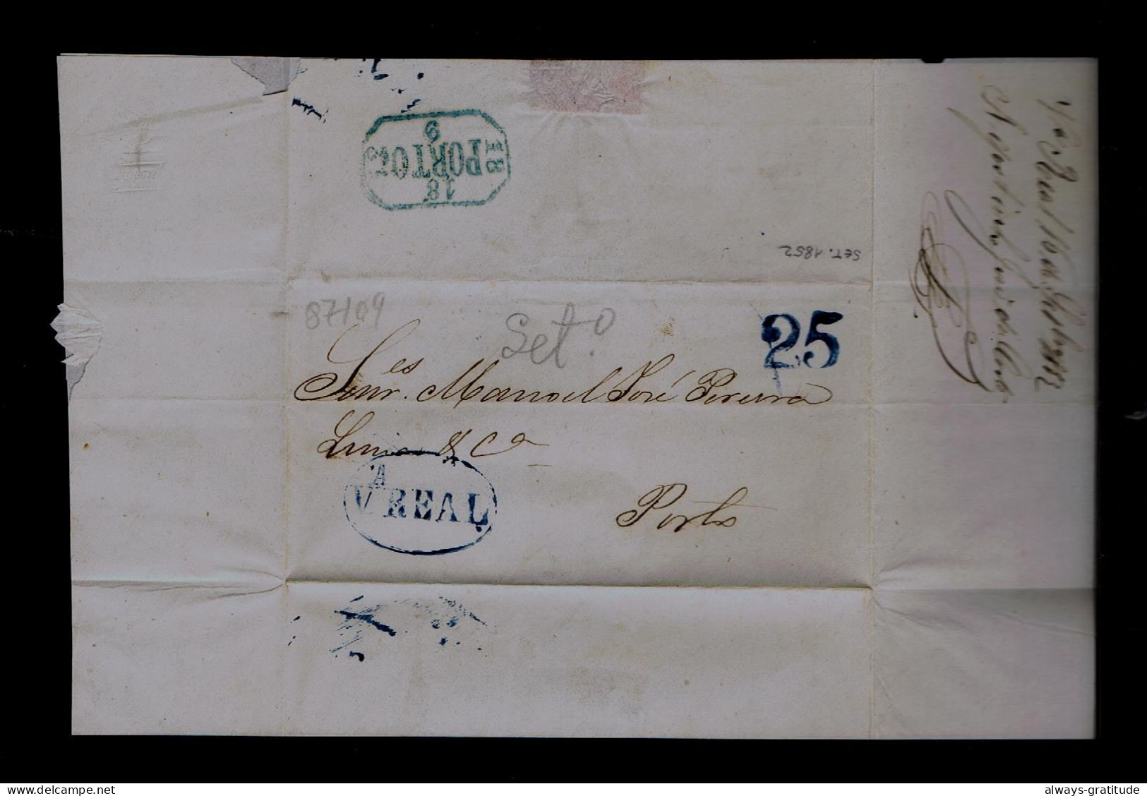 Sp87109 PORTUGAL  Cover 1852-09-16 Mailed 25 R. V.A REAL  Pmk »Porto - ...-1853 Préphilatélie