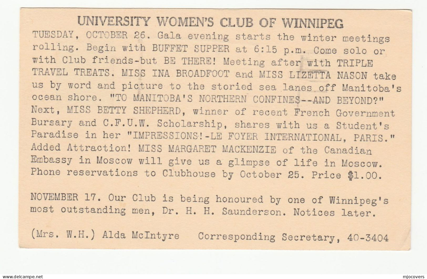 1954 WOMENS's CLUB Talk CANADA EMBASSY In MOSCOW Rep Margaret MacKenzie WINNIPEG UNIVERSITY Postal STATIONERY Card Cover - 1903-1954 Rois