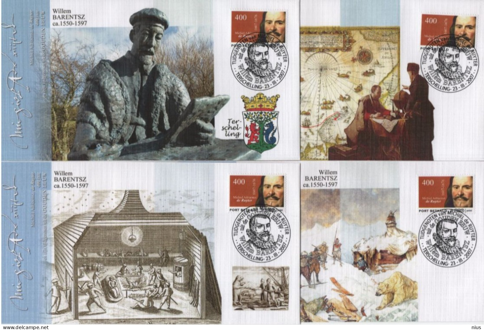 Nederland Netherlands 2007 FDC X4 Port Betaald, Willem Barentsz, Michiel Adriaensz De Ruyter, Painter, Terschelling - FDC