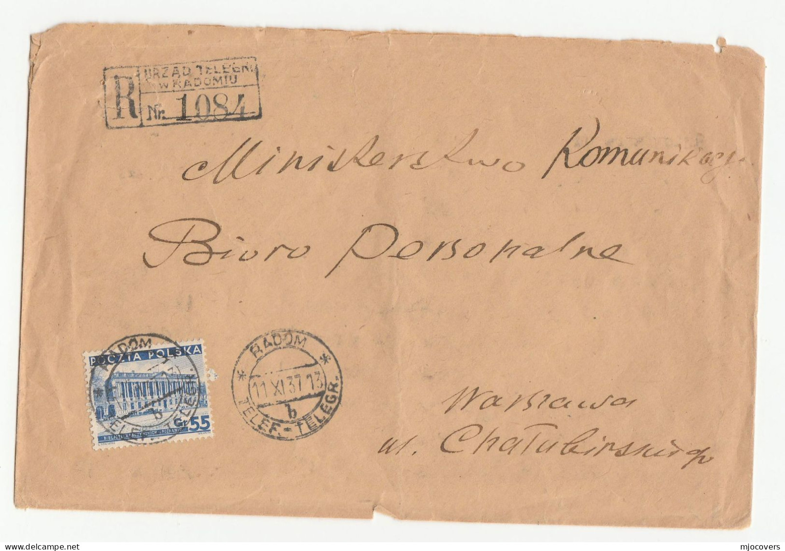 Radom Telef- Telegr.1937  POLAND Registered COVER Stamps To Warsaw Telecom - Briefe U. Dokumente