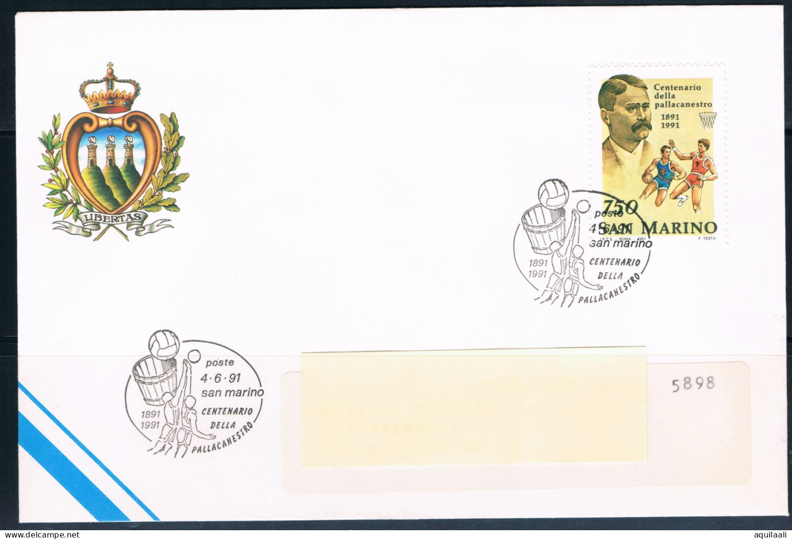 San Marino 1991,Centenario Pallacanestro, Annullo Fdc - Basketbal