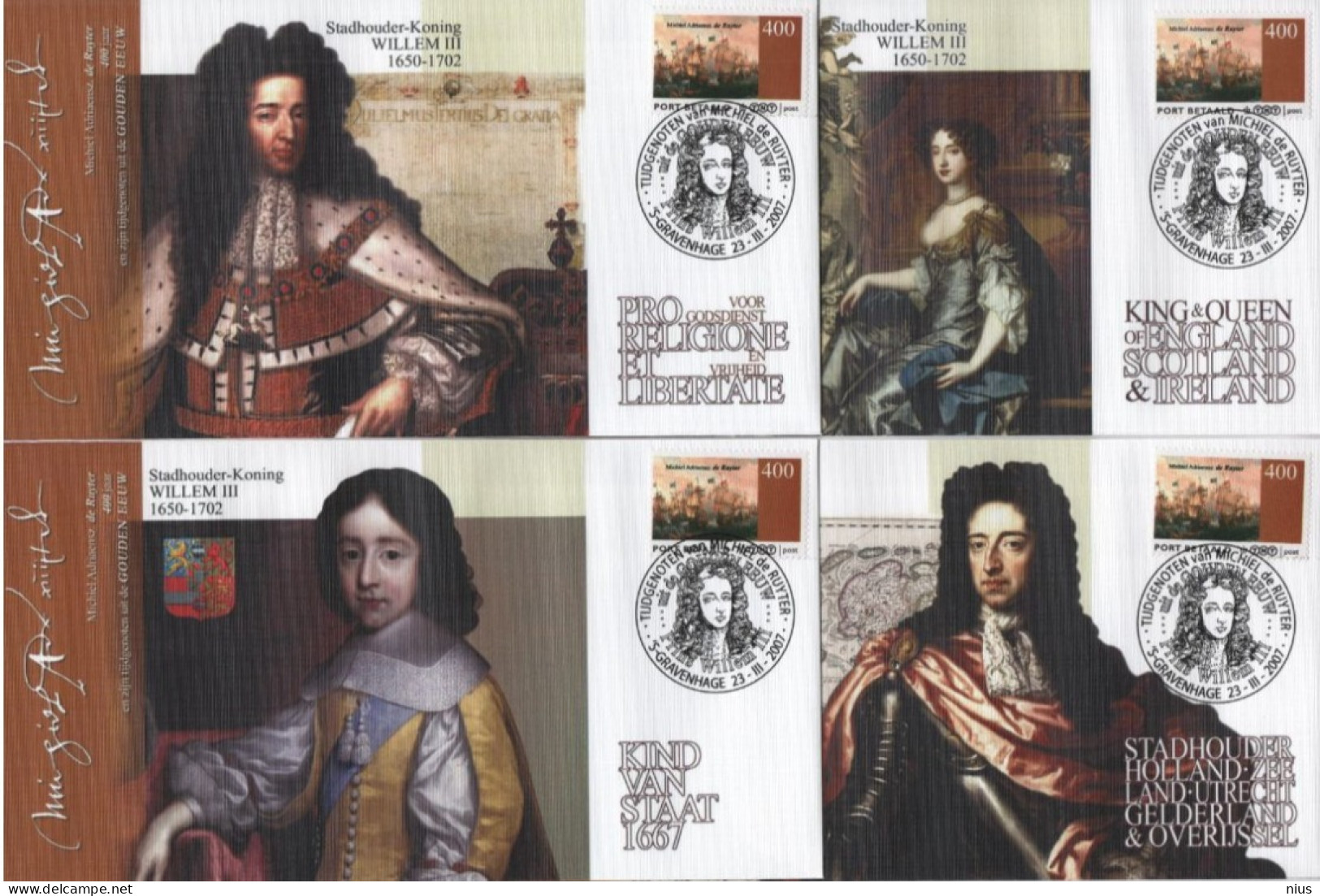 Nederland Netherlands 2007 FDC X4 Port Betaald, Stadhouder-Koning Willem II, Michiel Adriaensz De Ruyter, 'S-Gravenhage - FDC