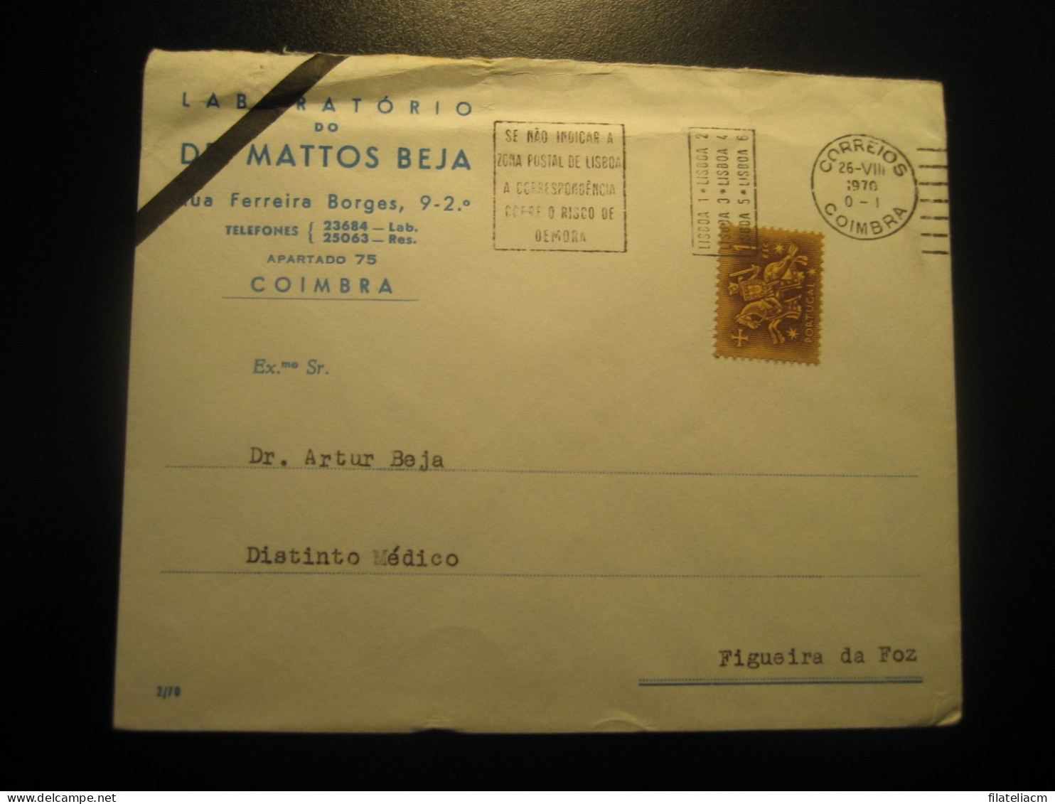 COIMBRA 1970 To Figueira Da Foz Cancel Laboratorio Doctor Mattos Beja Laboratorium Health Condolence Duel Cover PORTUGAL - Lettres & Documents