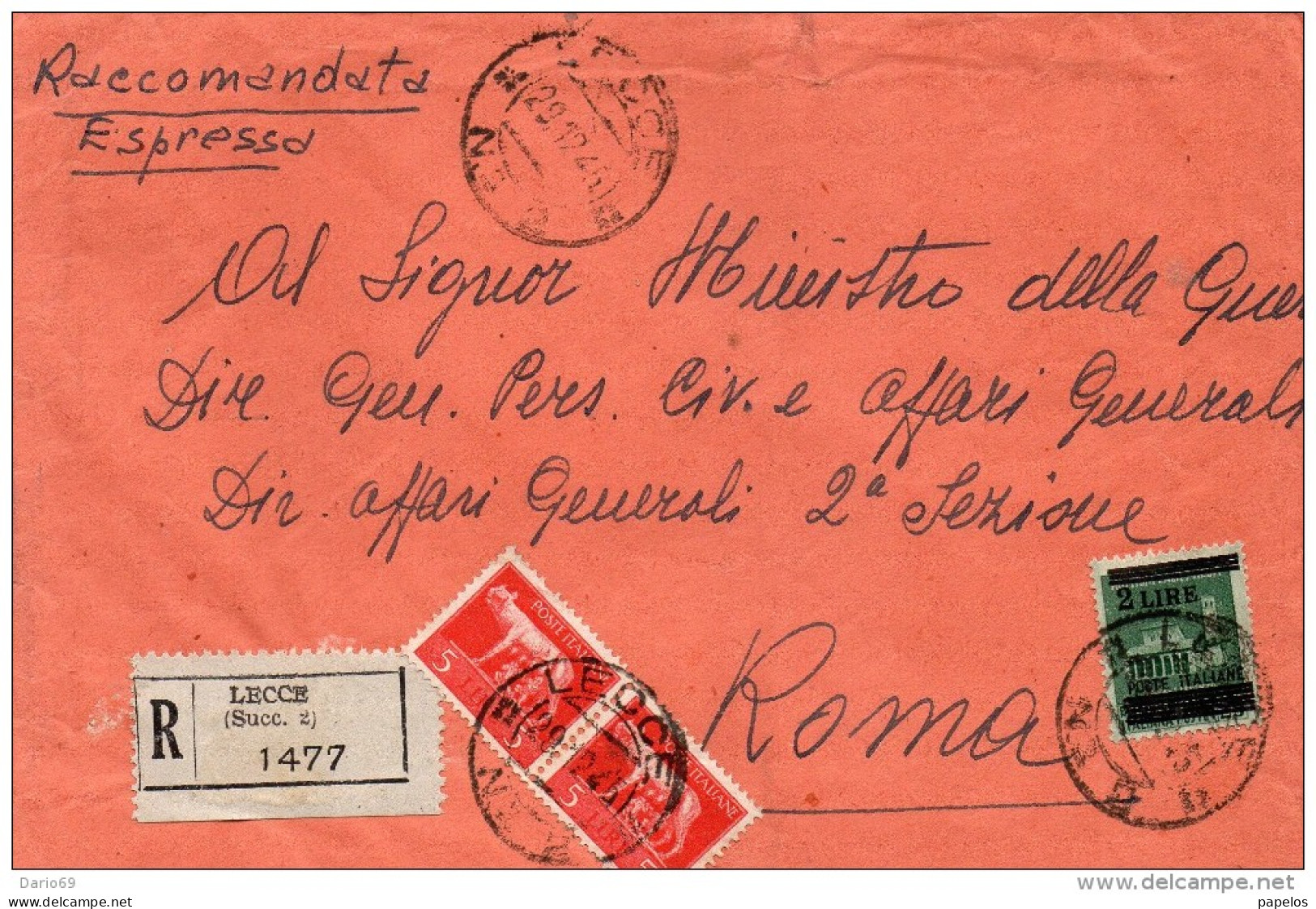 1945  LETTERA RACCOMANDATA  CON ANNULLO LECCE  2 - Poststempel