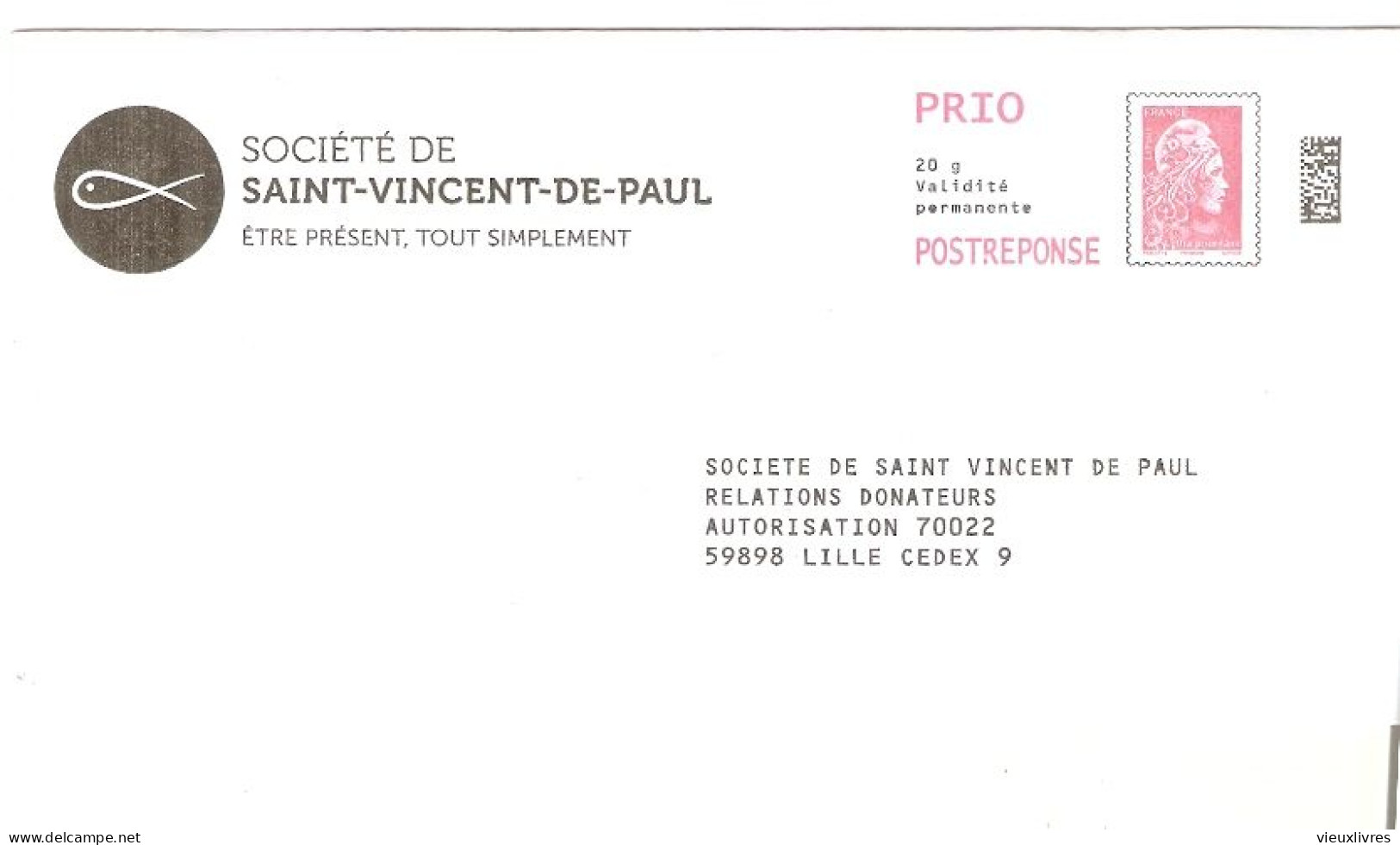 379055 Société De St Vincent De Paul Prêt-à-poster Marianne L'engagée YZ PRIO POSTREPONSE Entier Postal Stationery - Prêts-à-poster: Réponse /Marianne L'Engagée