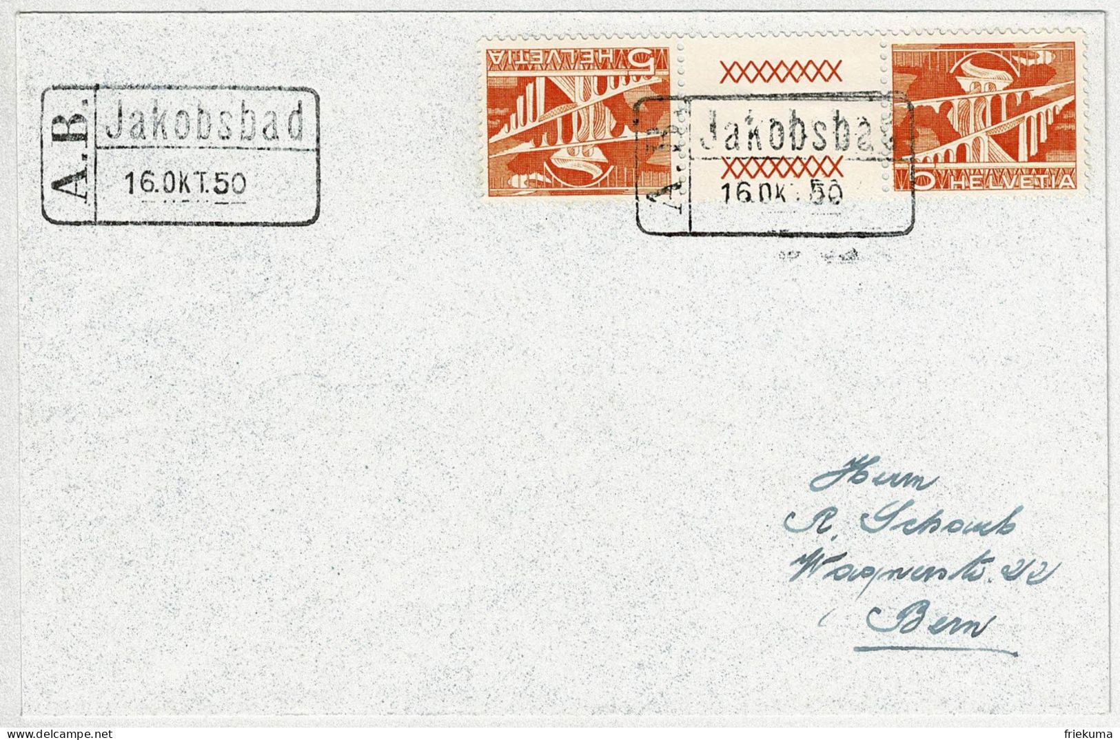 Schweiz 1950, Brief Jakobsbad - Bern, Kehrdruck Mit Zwischensteg Technik Und Landschaft Bahnstationstempel A.B. - Briefe U. Dokumente