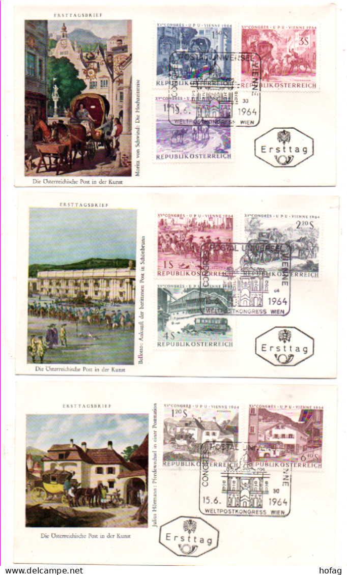 Österreich 1964 MiNr.: 1156-1163 Satz UPU Weltpostkongress Ersttag 3 Briefe FDC YT: 993-1000 - FDC