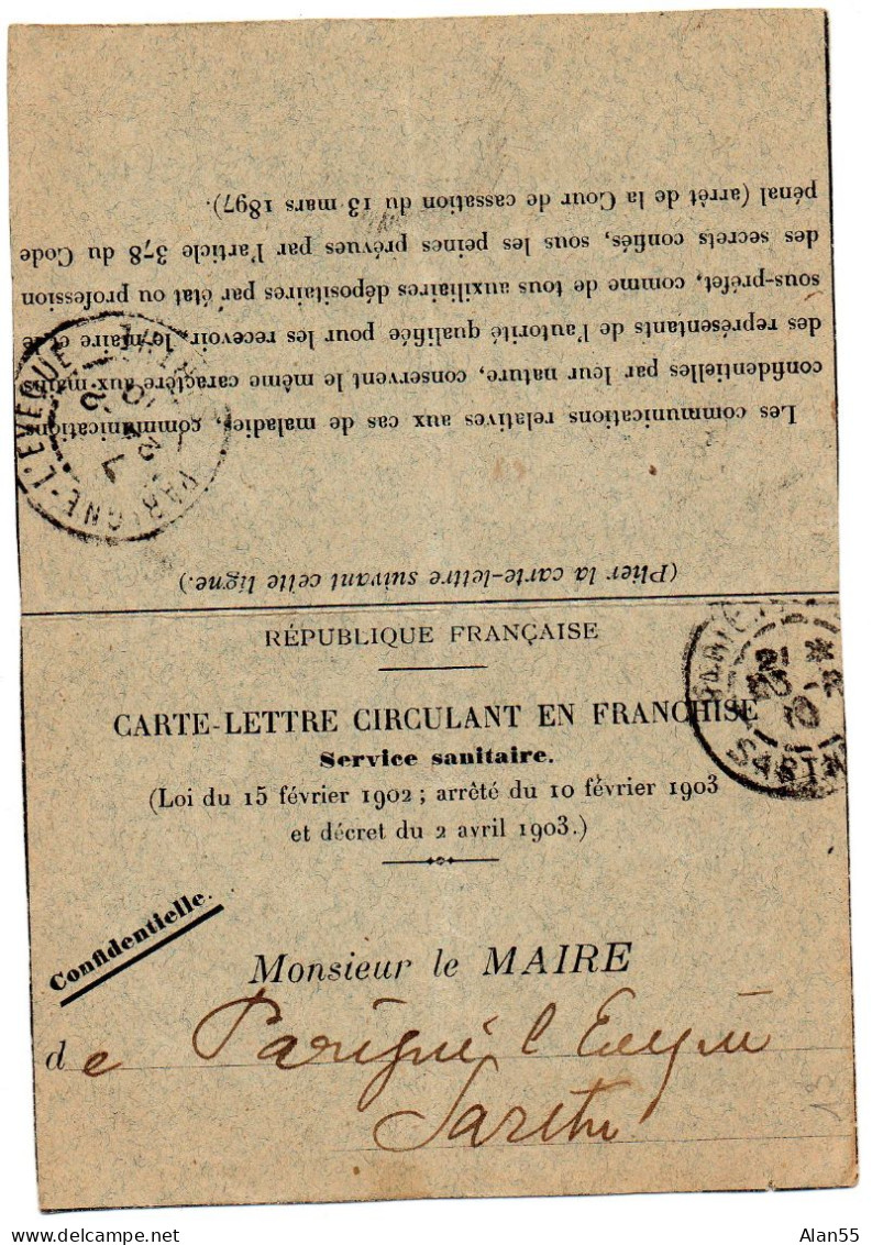 FRANCE.1910.FRANCHISE. CARTE-LETTRE SERVICE SANITAIRE.DEPARTEMENT DE LA SARTHE (72) - Frankobriefe