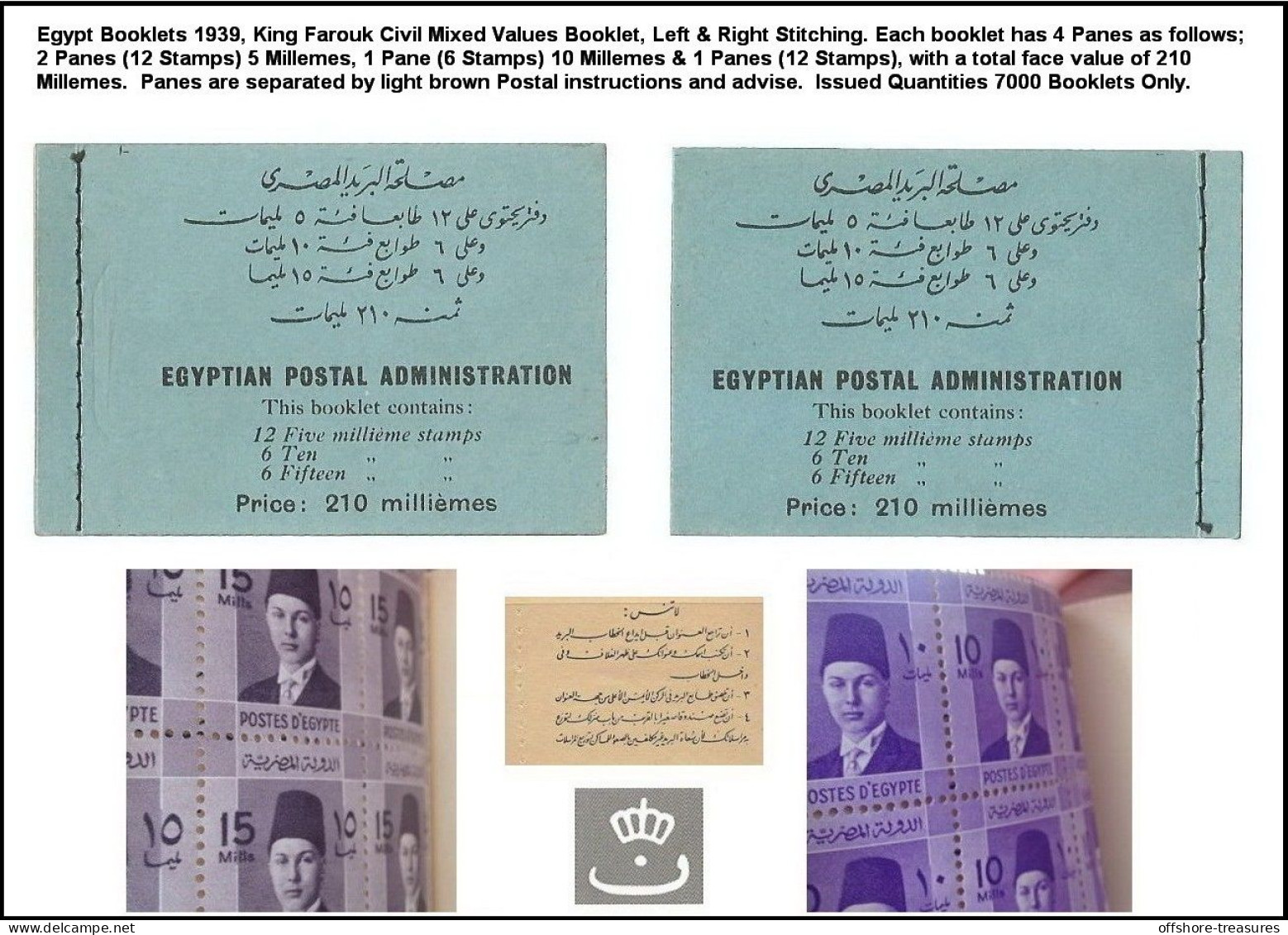 Egypt TWO Complete Stamp Booklet 1939 King Farouk Civil 5,10, 15 Composite Values Left & Right Stitched - Neufs