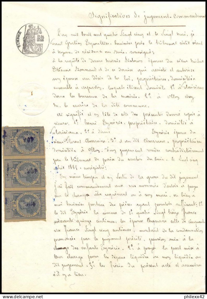 51083 Copies Dimension Y&t N°6 Syracusaine Bande De 3 1885 Drome Buis-les-Baronnies Timbre Fiscal Fiscaux Sur Document - Storia Postale