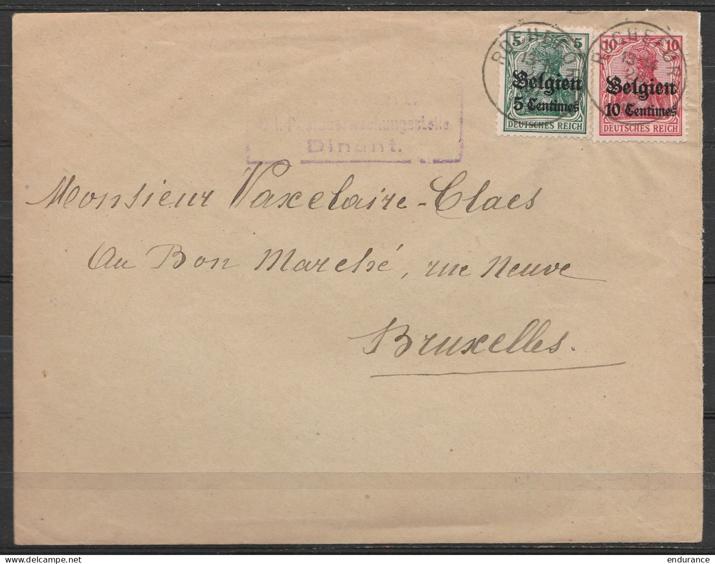 L.afffr.N°OC2+OC3 Càd ROCHEFORT /20 VI 1915 Pour BRUXELLES - Cachet Censure Militaire Dinant - OC1/25 Gouvernement Général