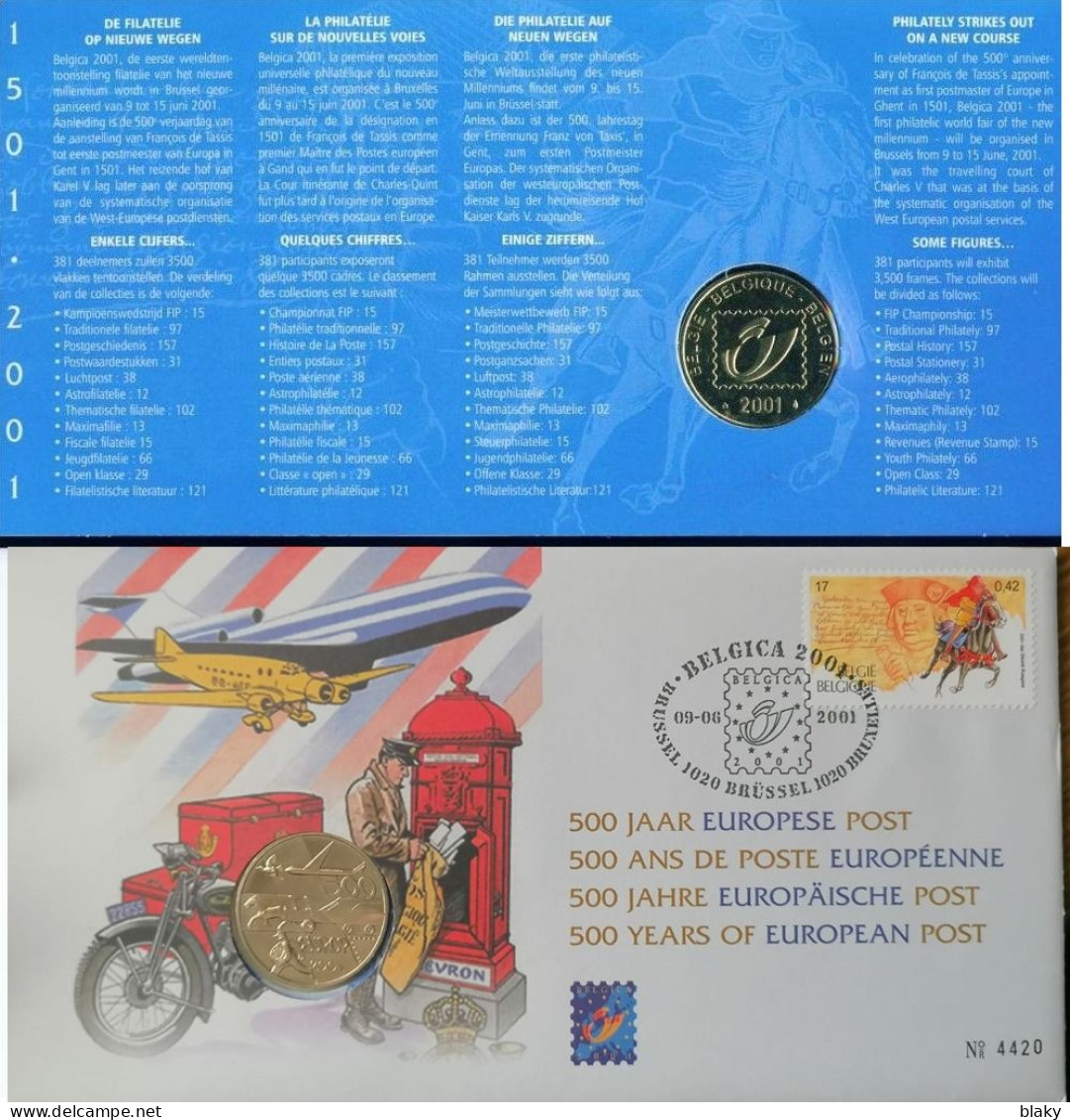 2001 Numisletter BELGICA 500 ANS POSTE EUROPEENNE N°4420 DU 9 JUIN OBLITE A 1020 BRUXELLES - Numisletter