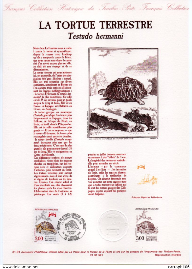 - Document Premier Jour LA TORTUE TERRESTRE - GONFARON 14.9.1991 - - Tortues