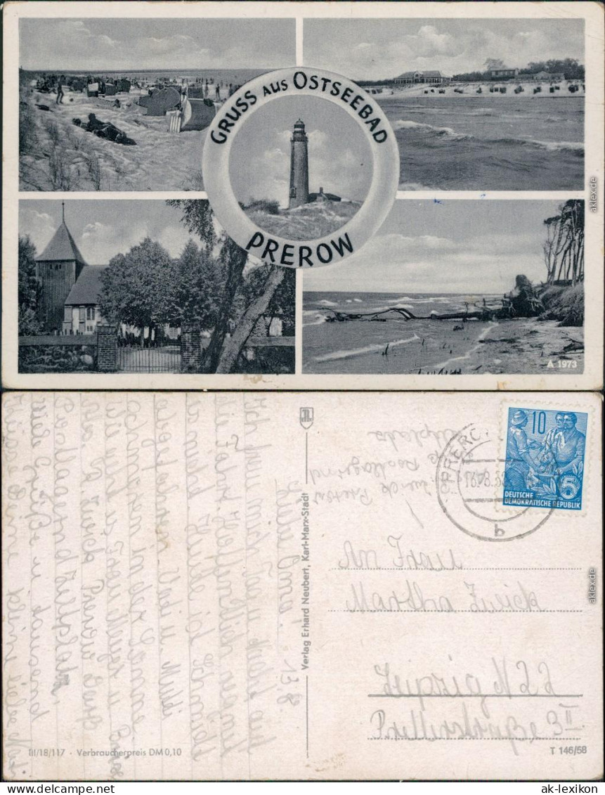 Ansichtskarte Prerow Strand, Seemannskirche, Leuchtturm 1958 - Seebad Prerow