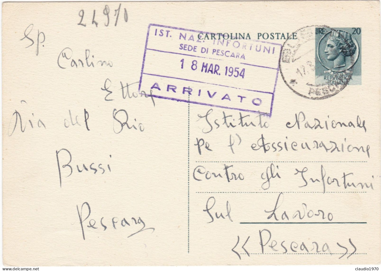 ITALIA - REPUBBLICA  - BUSSI (PE) CARTOLINA POSTALE - VG. PER   PESCARA - 1954 - Ganzsachen