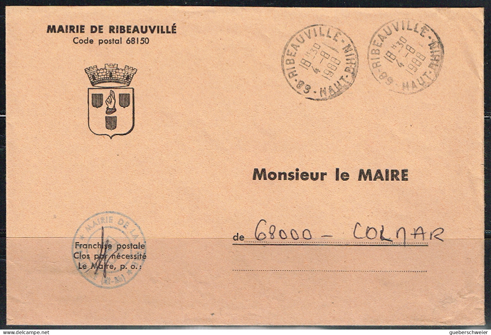 MAIN L 28 - FRANCE Lettre En Franchise Postale De La Mairie De Ribeauvillé 1988 Blason Avec Main - Civil Frank Covers