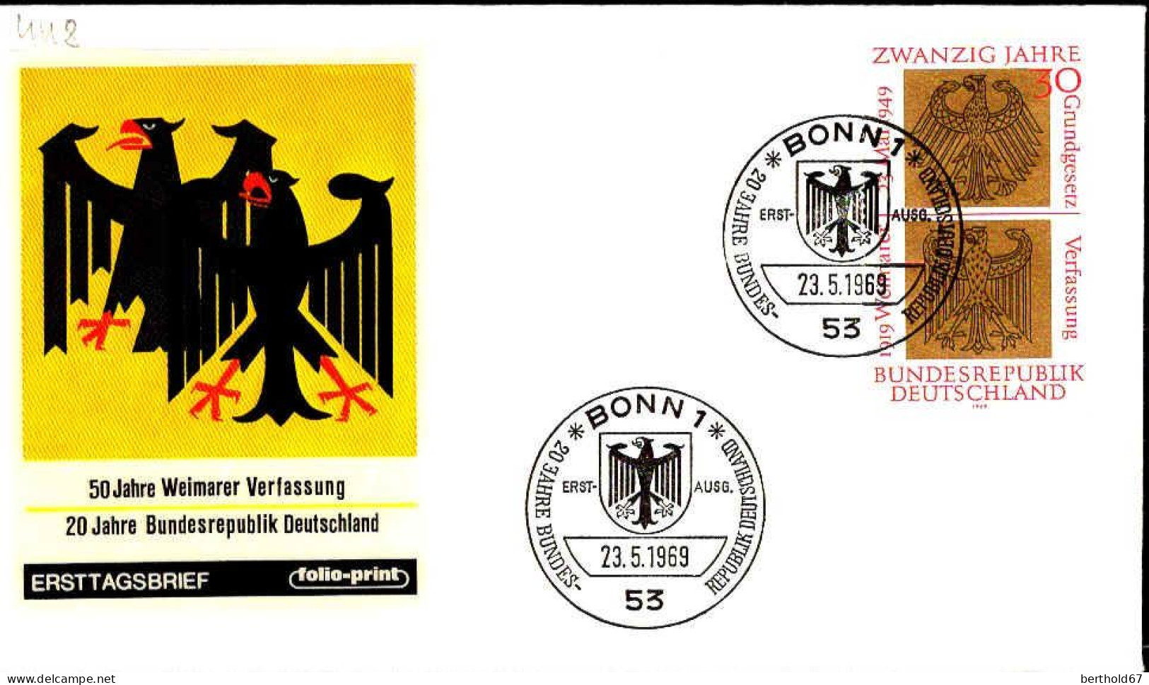 RFA Poste Obl Yv: 448 Mi:585 20.Jahre Grundgesetz (TB Cachet à Date) Fdc Bonn 23-5-69 - 1961-1970