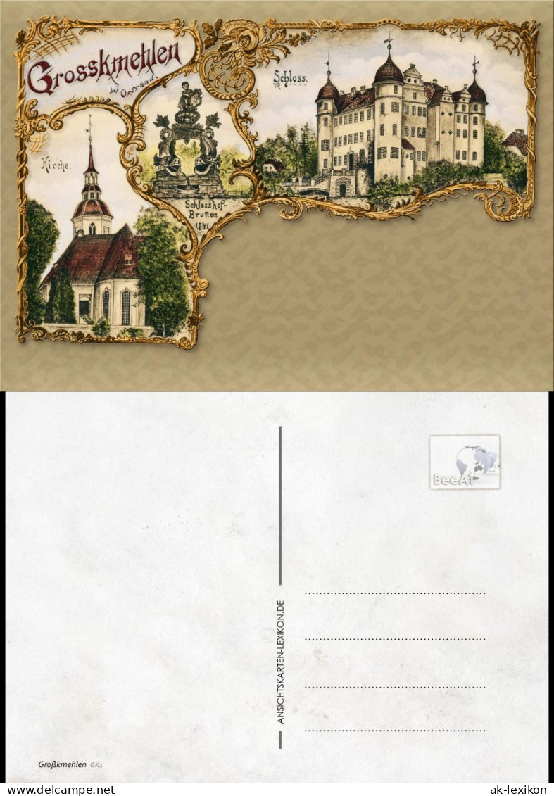 Großkmehlen-Ortrand Neuauflage Litho, Kirche, Brunnen, Schloss 1900/2018 - Ortrand