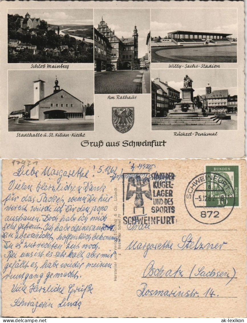 Ansichtskarte Schweinfurt Willy-Sachs-Stadion, Rathaus, Stadthalle 1962 - Schweinfurt