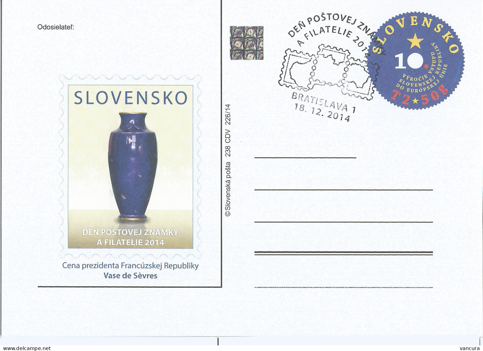 CDV 238 Slovakia Day Of The Stamp And Philately 2014 Sevres Vase - Porcelaine