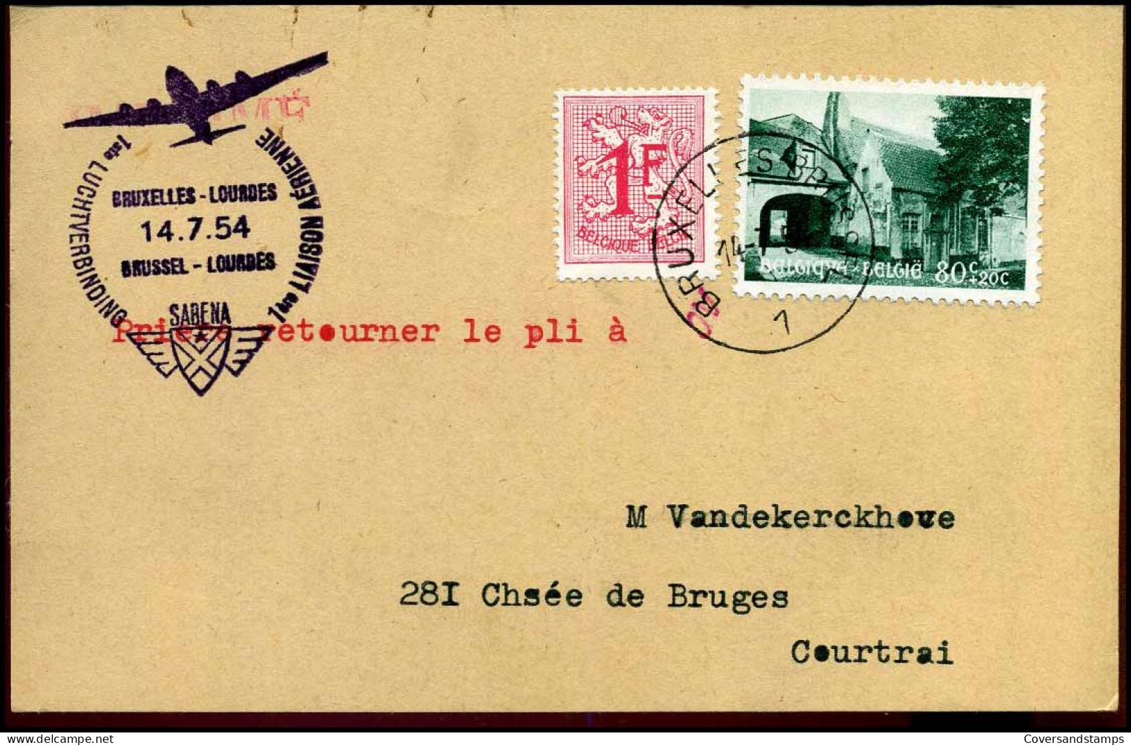 Postkaart -  1ste Luchtverbinding Brussel-Lourdes - SABENA - Covers & Documents