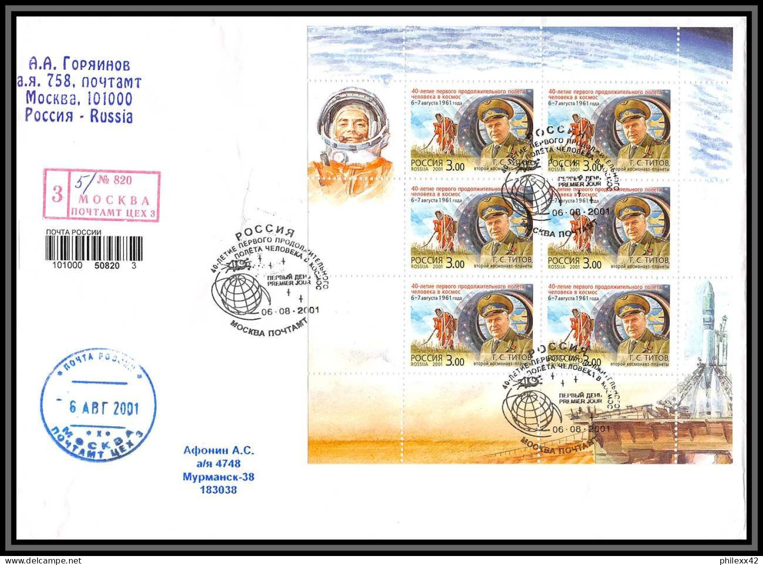 3307X Espace (space Raumfahrt) Lettre Cover Russie (Russia Urss USSR) Cosmonauts Day Gagarine Gagarin 2001/2002 - Rusia & URSS