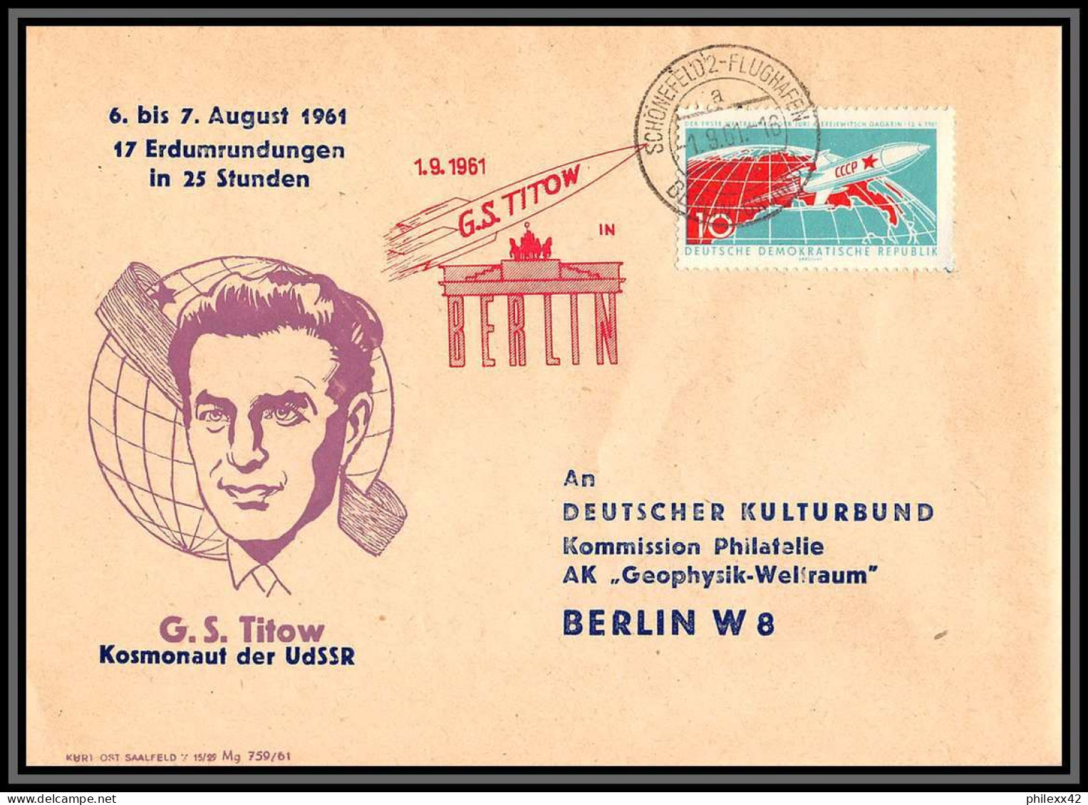 3289 Espace Space Raumfahrt Lettre Cover Briefe Cosmos Allemagne (germany Ddr) Schonefeld 1/9/1961 Vostok 2 Titow Titov - Europe