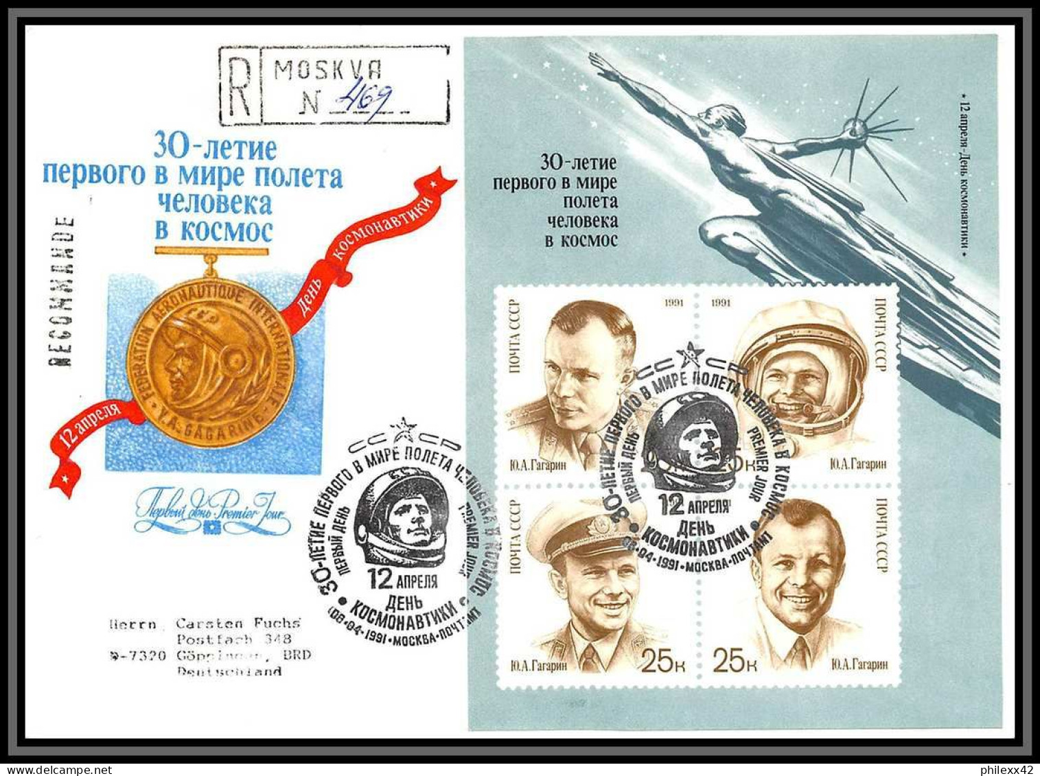 3256 Espace Space Lettre Fdc Cover Russie Russia 06/04/1991 5844/5847 Bloc 217 Cosmonauts Day Gagarin Recommandé  - Rusia & URSS