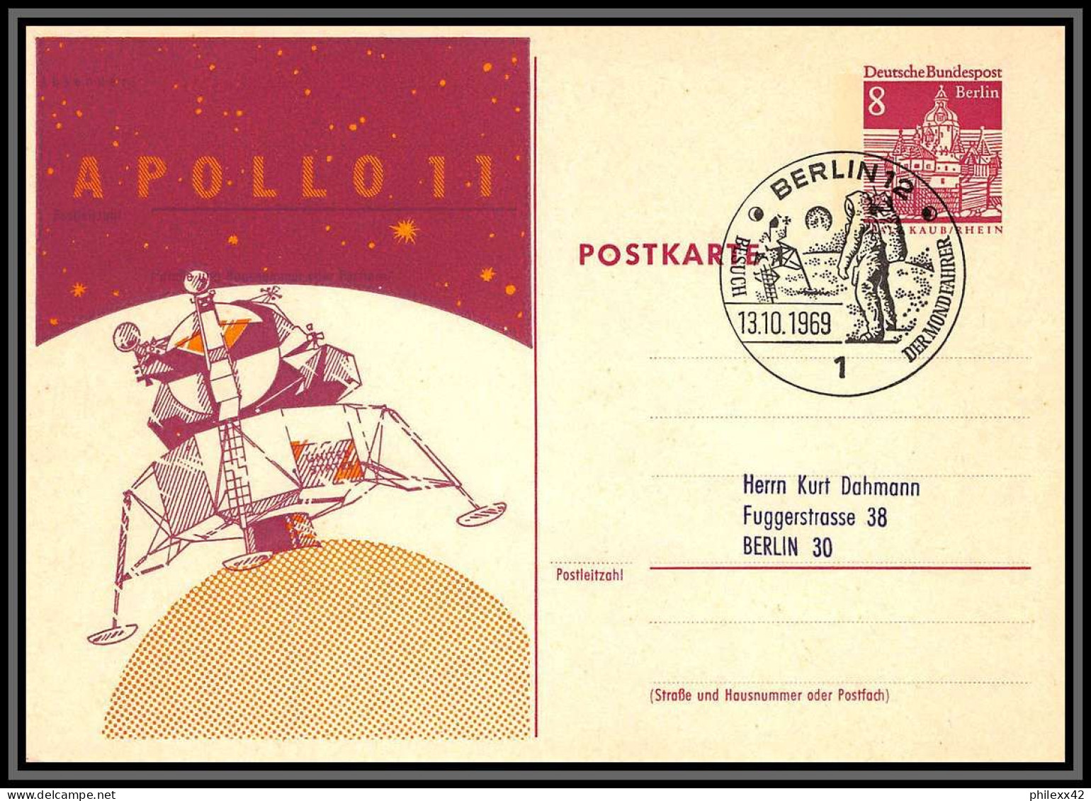 3042 Espace (space Raumfahrt) Entier Postal (Stamped Stationery) Allemagne (germany Bund) Berlin Apollo 11 13/10/1969 - Europe