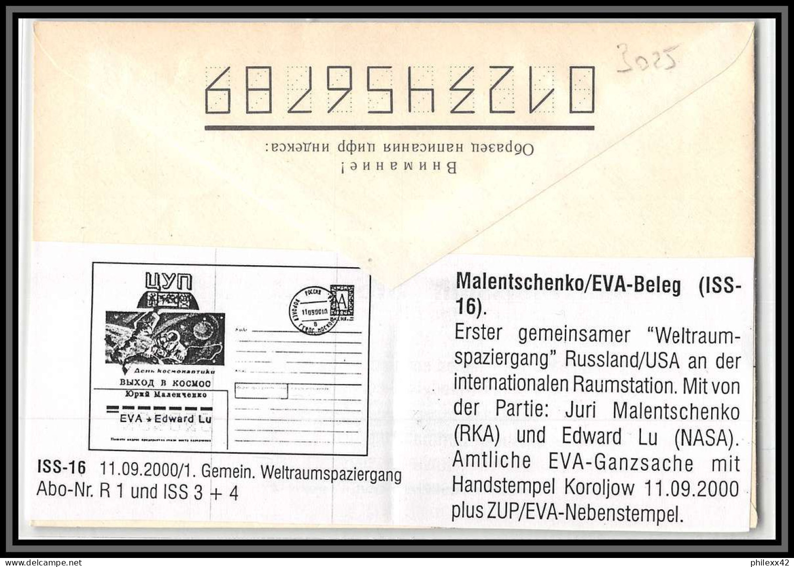 3025 Espace (space Raumfahrt) Entier Postal (Stamped Stationery) Russie (Russia) Iss 16 EVA Malentschenko/ Lu 11/9/2000 - Russie & URSS