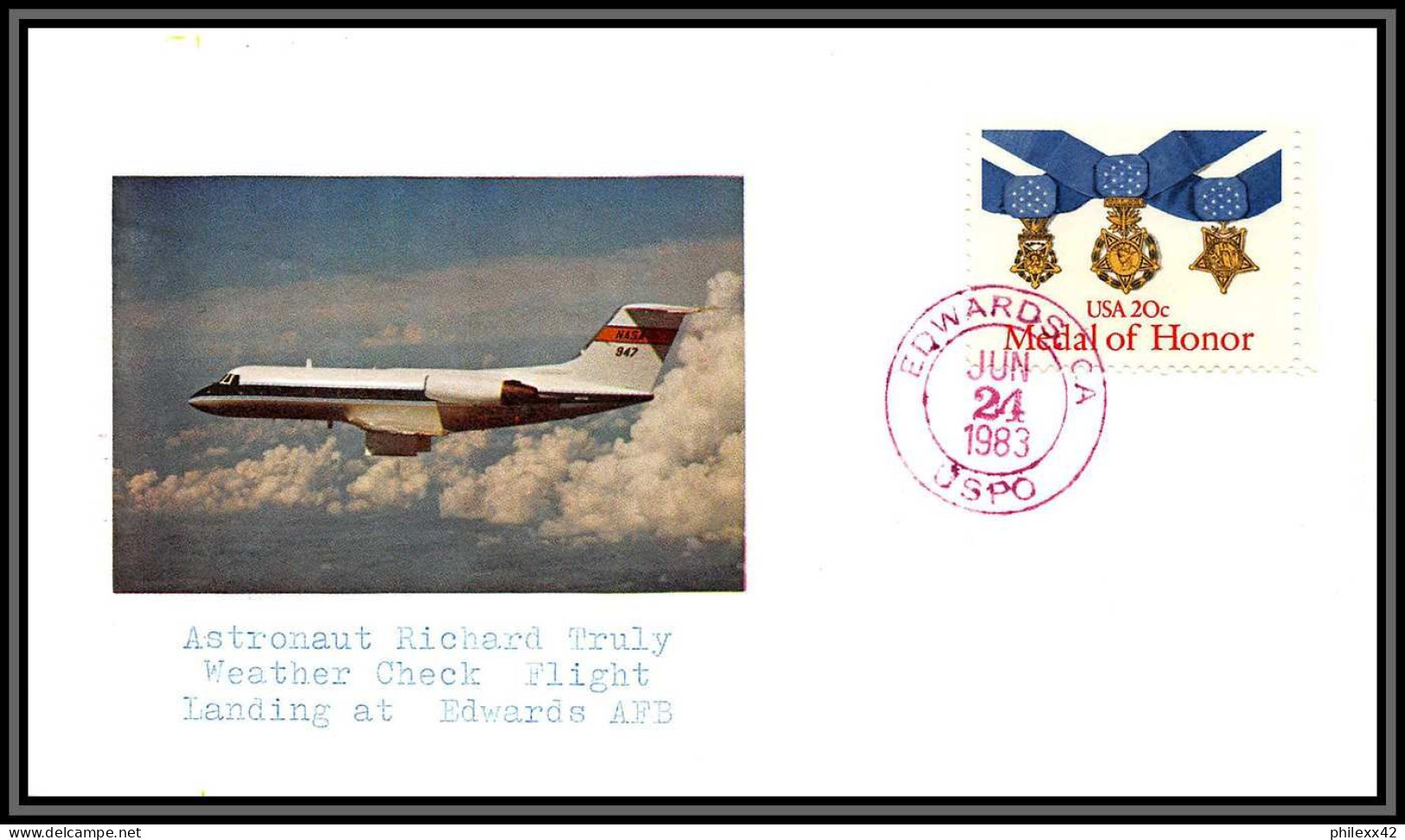 2941 Espace (space Raumfahrt) Lettre (cover Briefe) USA Landing Edwards Sts-7 Shuttle (navette) Challenger 24/6/1983 - Etats-Unis