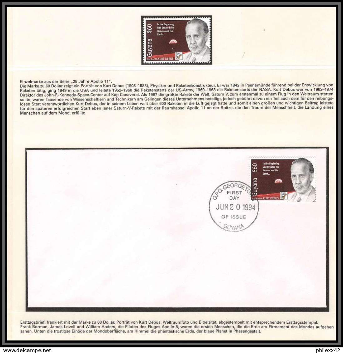 2485X Espace (space Raumfahrt) Lettre (cover Briefe) Guyana Apollo 7 2/6/1994 Kurt Debus FDC + MNH ** - Südamerika