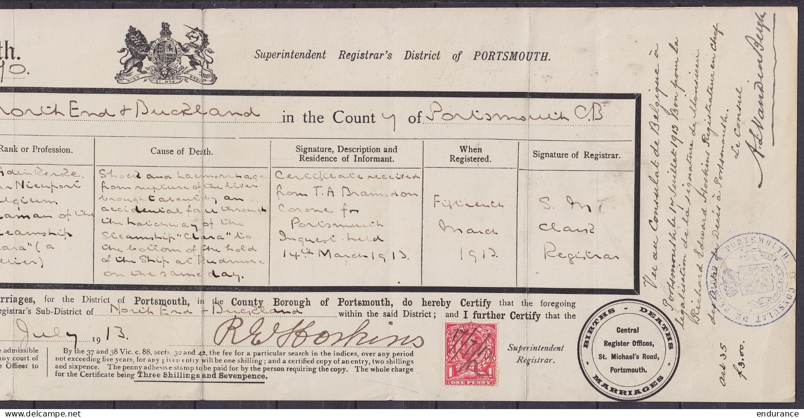 Certificat De Décès (Certificate Of Death) Affr. 1d Rouge Annulé Et Daté à La Plume 17/7/1913 District Of North End & Bu - Covers & Documents
