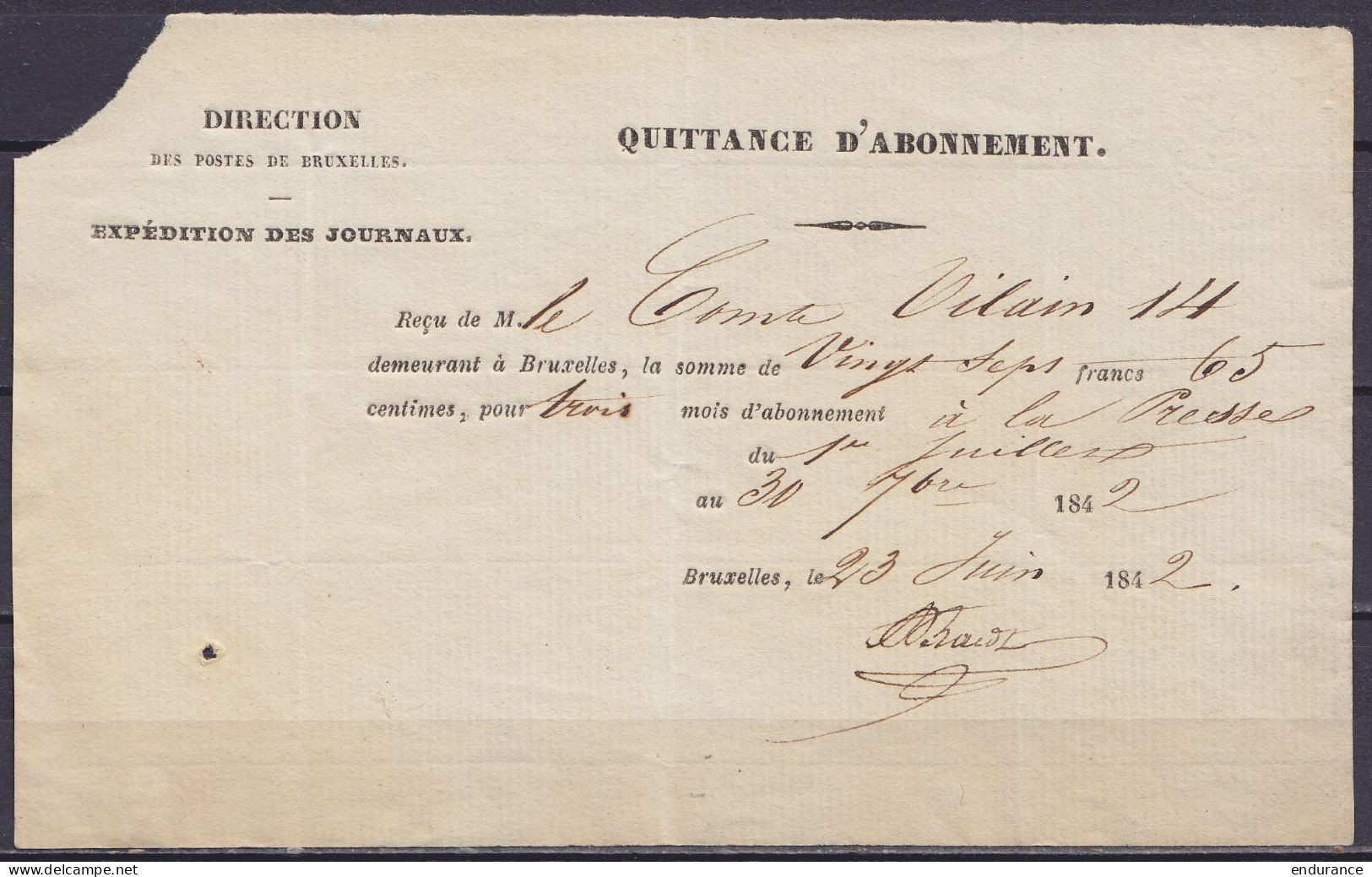 Direction Des Postes De Bruxelles - Quittance D'abonnement (expédition Des Journaux) Daté 23 Juin 1842 De BRUXELLES - 1830-1849 (Independent Belgium)