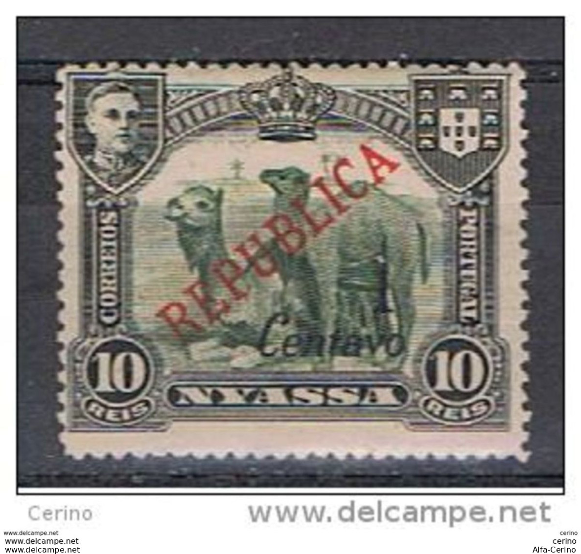 NYASSA - VARIETA':  1921  SOPRASTAMPA  II° TIPO  -  1 C./10 R.  NERO  E  VERDE  OLIVA  L. -  YV./TELL. 85 A - Nyassa