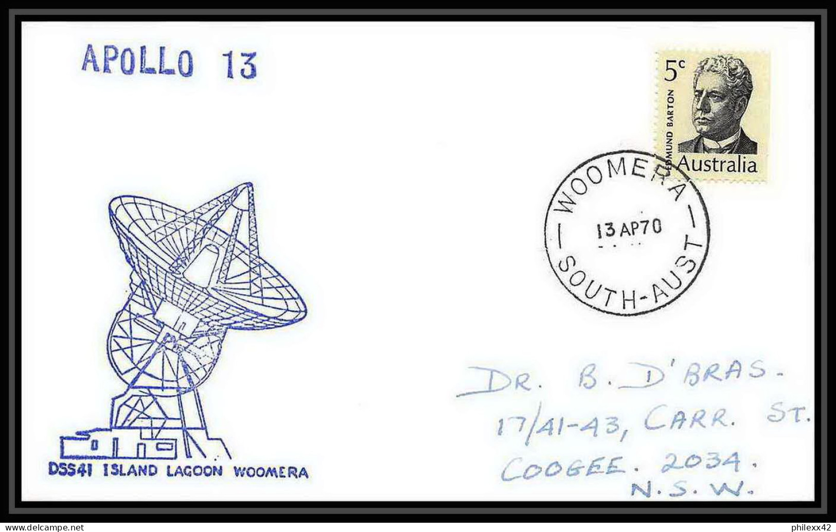 5727/ Espace (space) Lettre (cover) 13/4/1970 Apollo 13 Dss 41 Island Lagoon Woomera Australie (australia) - Oceanía