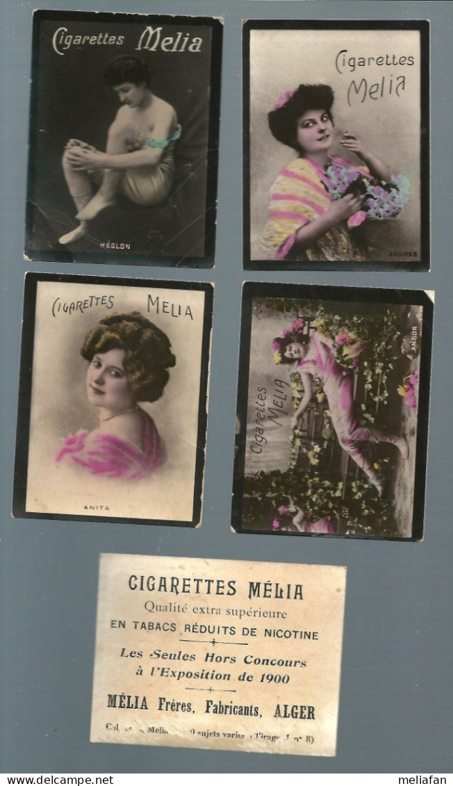 S960 - 4 CARTES CIGARETTES MELIA ALGER - TIRAGE J8 - ANITA HEGLON ANDOR ANDREE - Melia