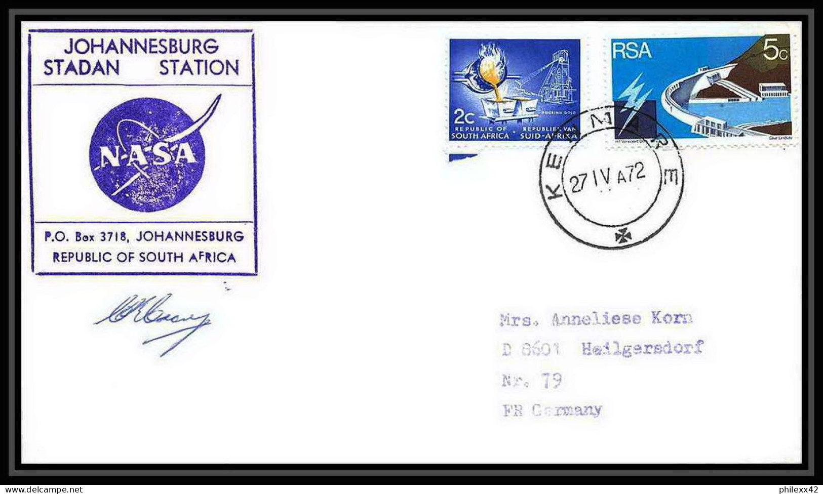 6599/ Espace (space) Lettre (cover) Signé (signed autograph) 27/4/1972 apollo 16 splashdown Afrique du Sud (RSA) 