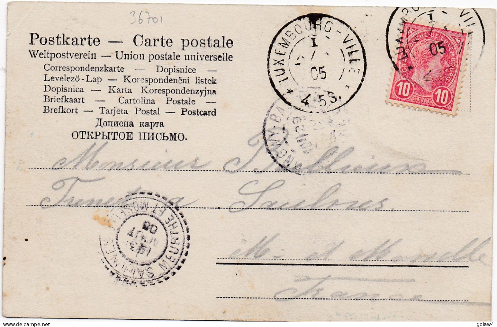 36701# CARTE POSTALE Obl LUXEMBOURG VILLE 1905 Pour SAULNES MEURTHE ET MOSELLE FB84 FACTEUR BOITIER 1884 - 1895 Adolphe Right-hand Side